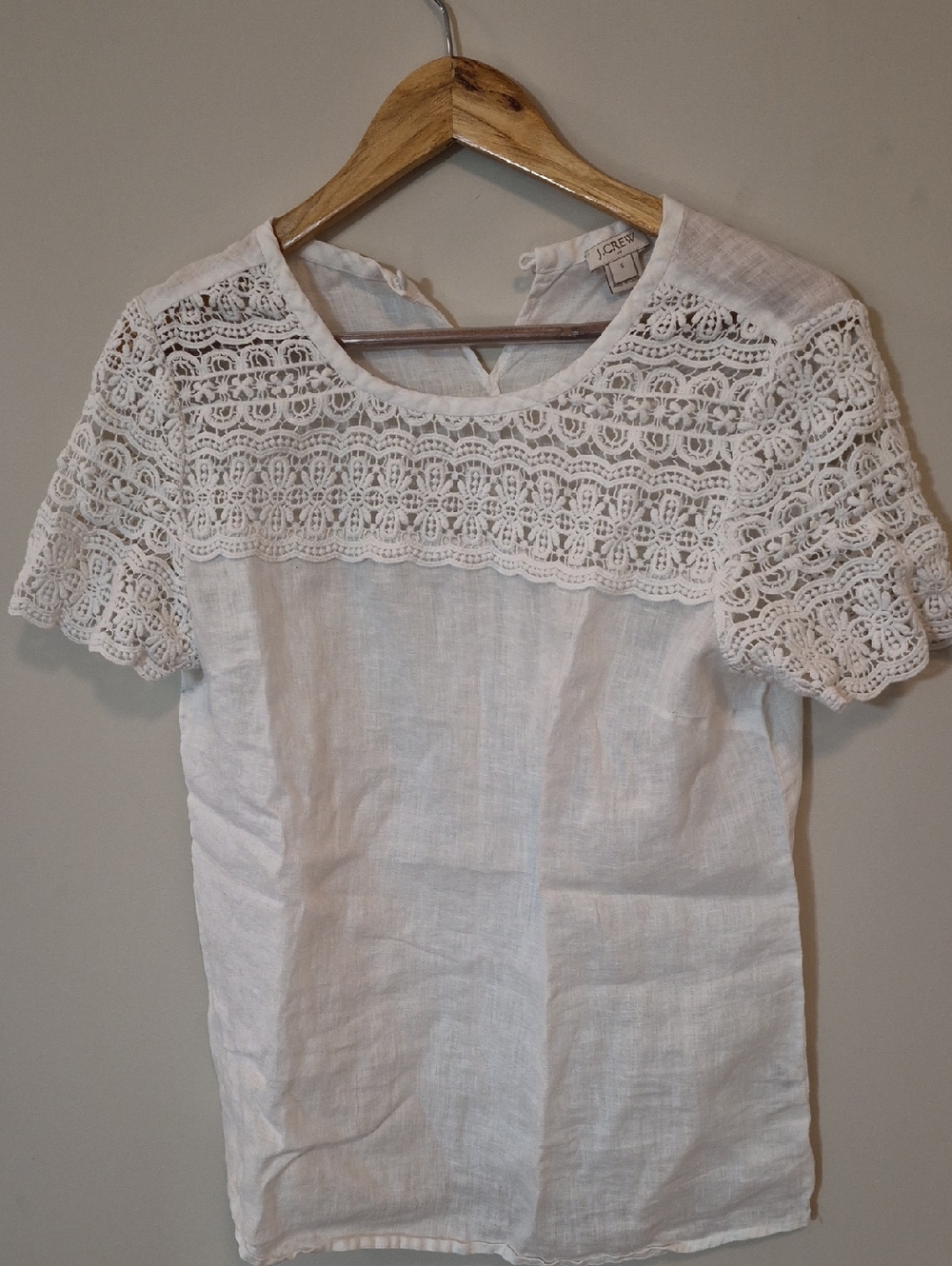 J. Crew White Linen Crochet Yoke Top